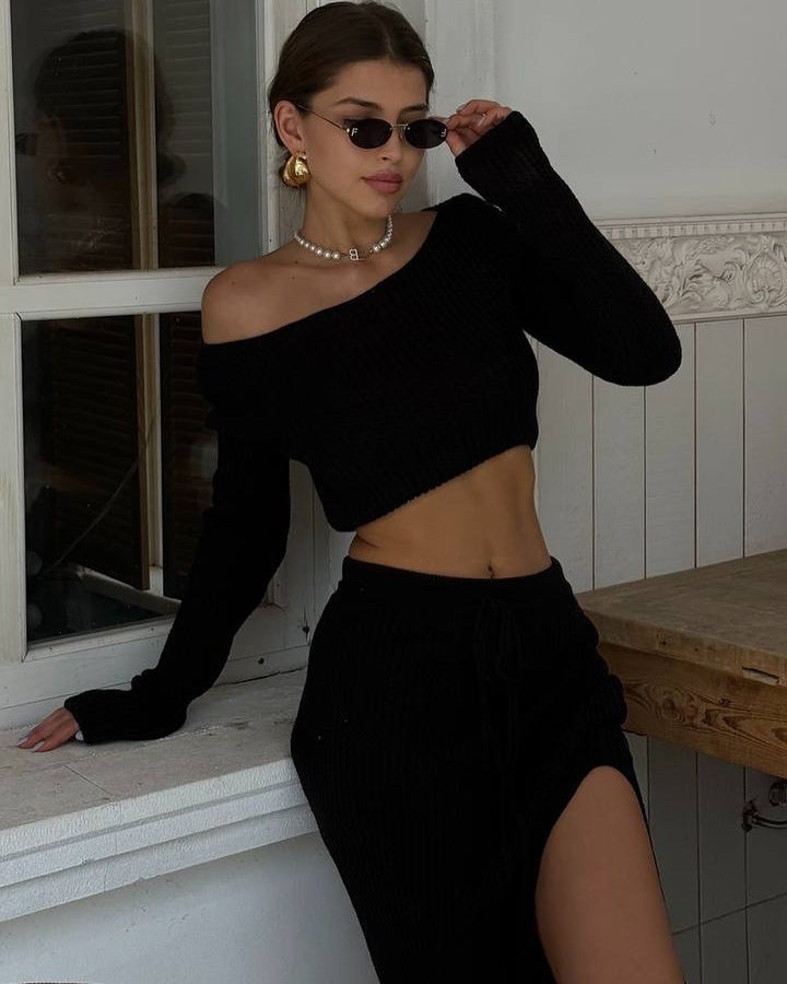 Damen Komfortables Strick-Set mit Cropped Oberteil und Maxirock Drune