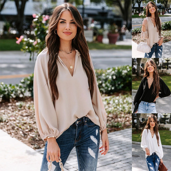 Damen Bluse mit tiefem V-Ausschnitt und eleganten Puffärmeln Drune