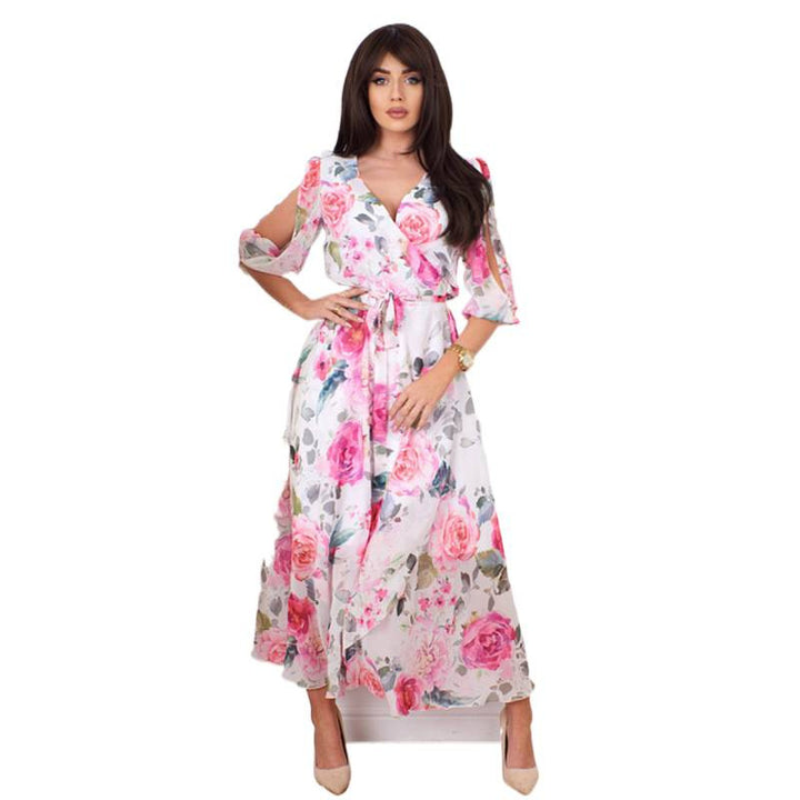 Damen Maxikleid mit schulterfreien Ärmeln und floralem Design Drune