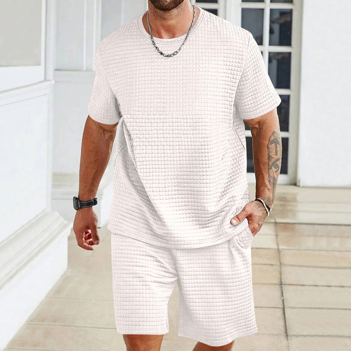 Herren nan Waffelstruktur Wohn- und Freizeit-Set mit weit geschnittenem Kurzarmshirt und kurzer Hose mit elastischem Bund Drune