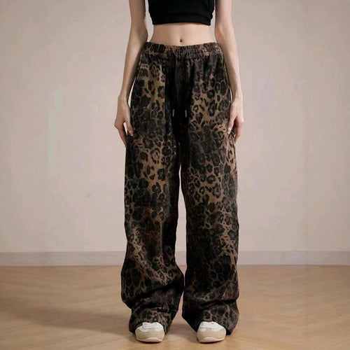 Damen Weit geschnittene Leinenhose mit Leopardenmuster Drune