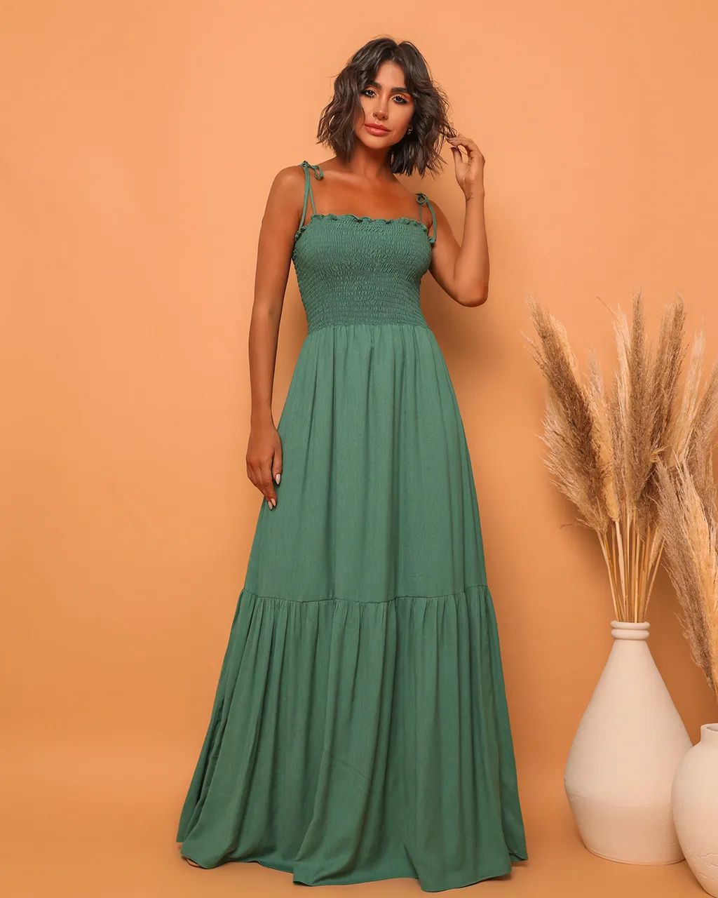 Damen luftiges Maxikleid mit Spaghetti-Trägern und Rüschendetails Drune