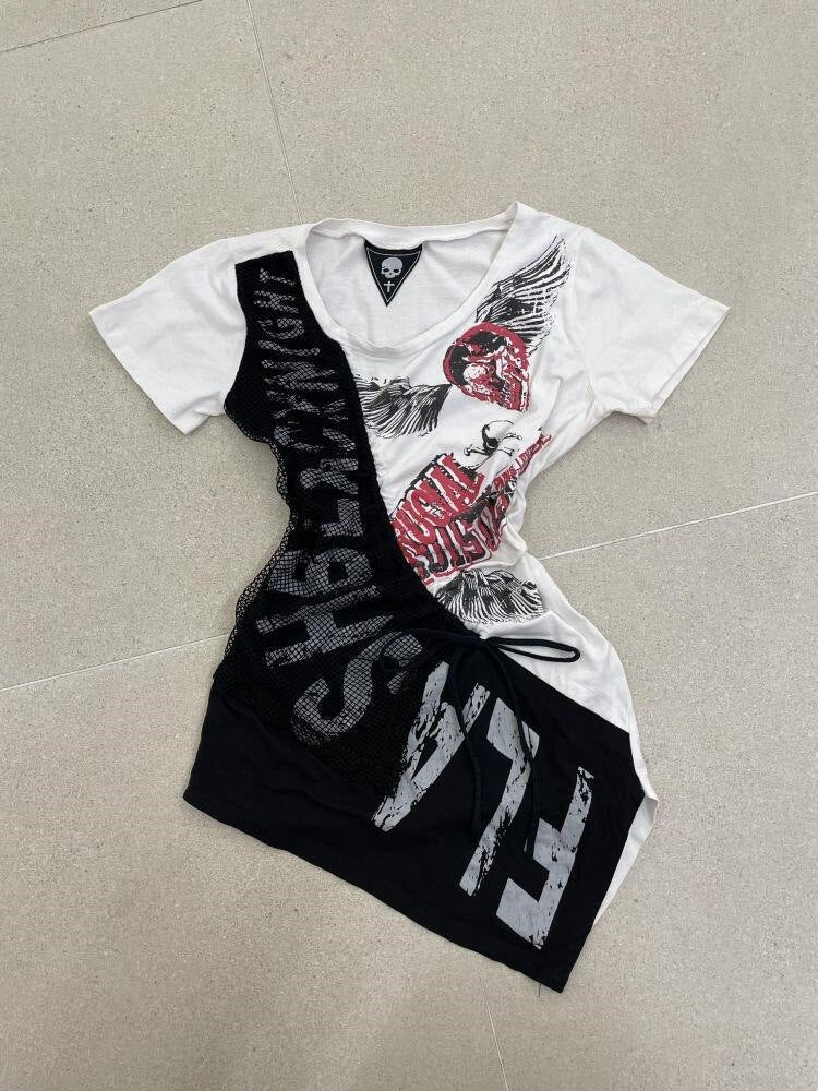 Damen lässiges T-Shirt mit einzigartigem Grafikdesign und sportlichem Mesh-Einsatz Drune