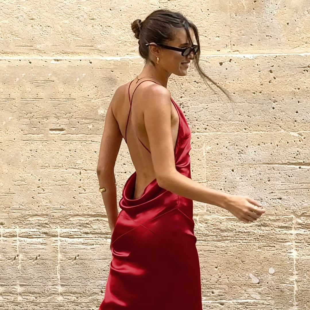 Damen Maxikleid mit tiefem V-Ausschnitt und gekreuzten Spaghettiträgern Drune