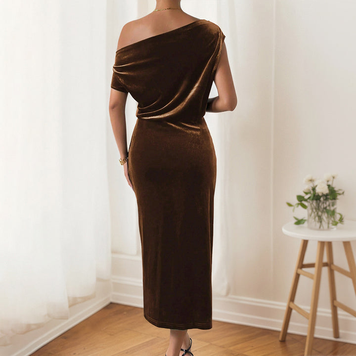 Damen Elegantes Maxikleid mit schulterfreiem Design und luxuriösem Samt Drune