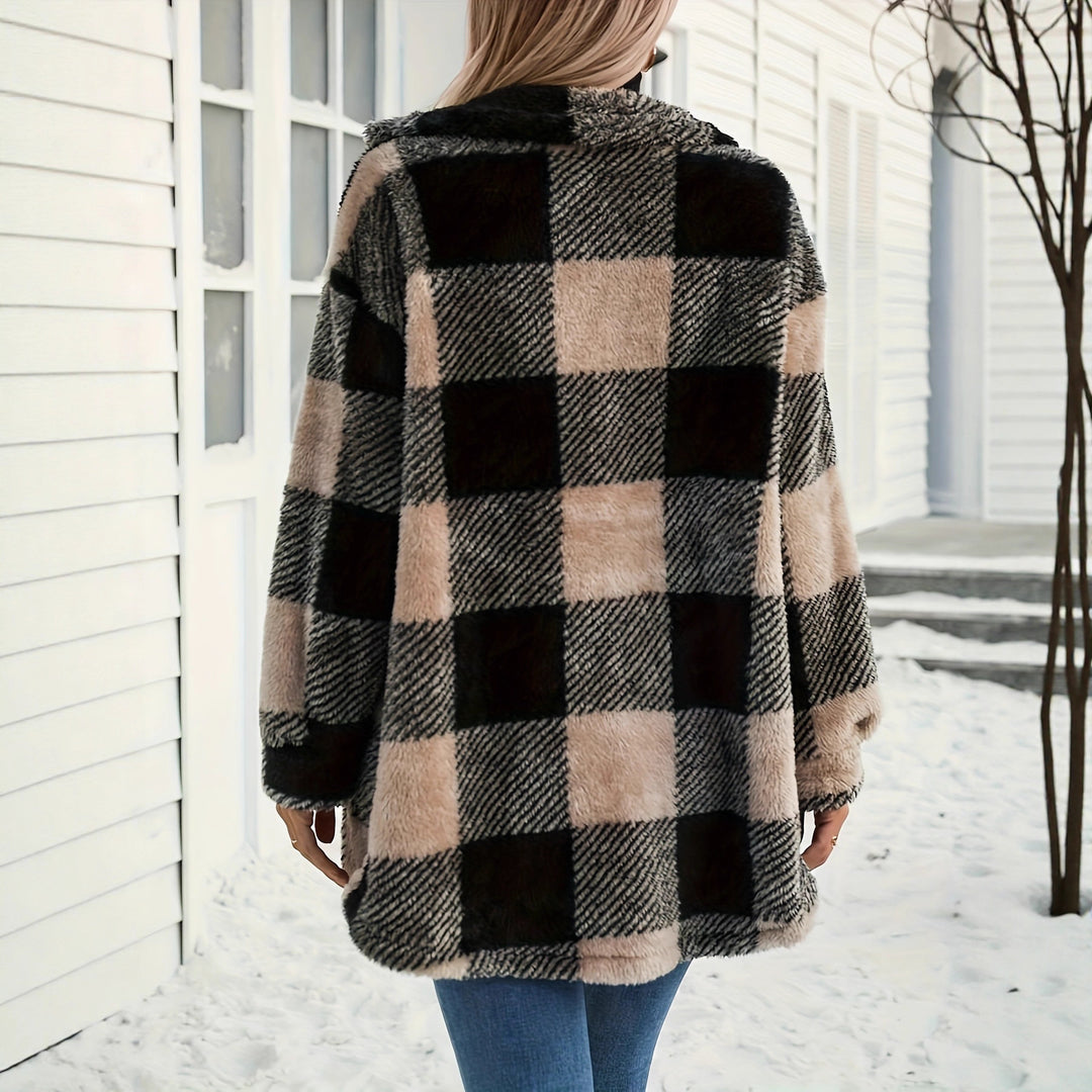 Damen kuschelige Overshirtjacke mit Karomuster und weichem Polyesterfell Drune