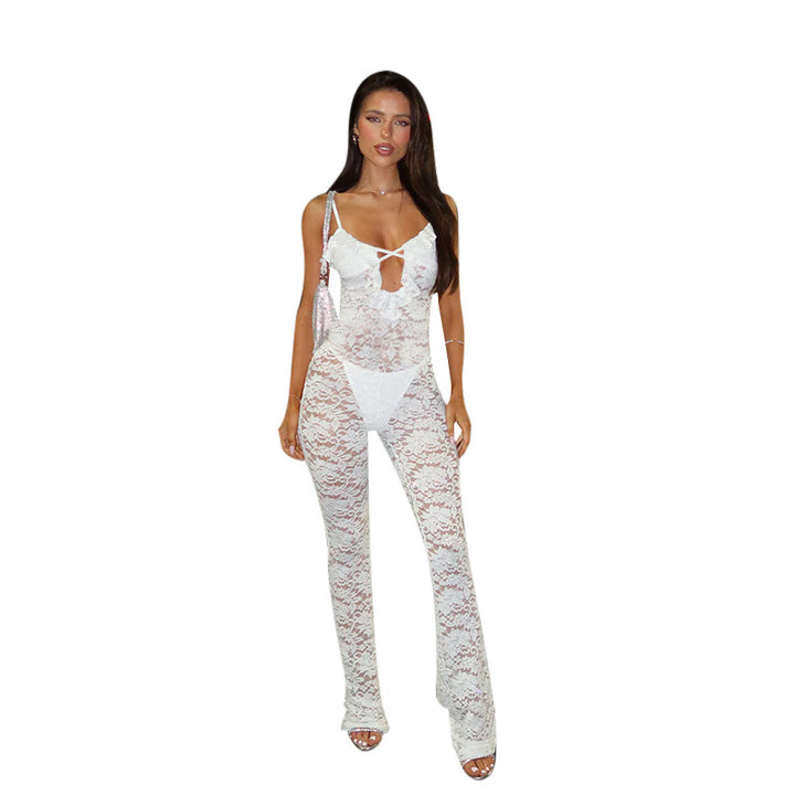 Damen stilvolles Langarm-Catsuit mit Spitzenverzierung und raffiniertem Ausschnitt Drune