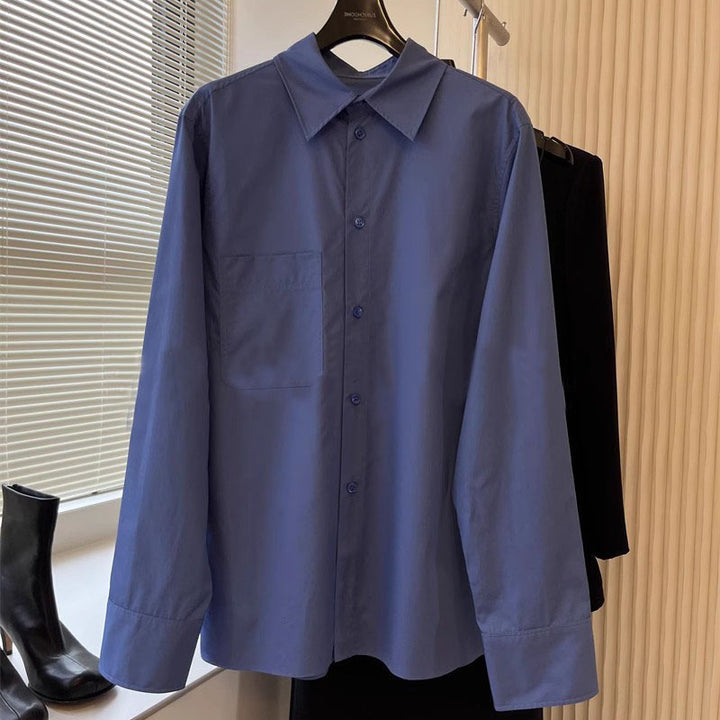 Damen elegante langärmlige Bluse mit Knopfleiste und Brusttasche Drune