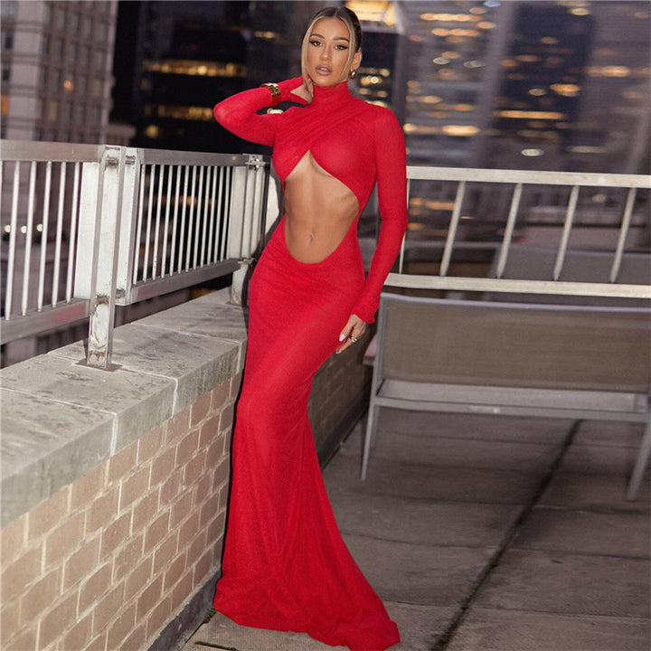 Damen figurbetontes Maxikleid mit asymmetrischem Cut-Out und hochgeschlossenem Kragen Drune
