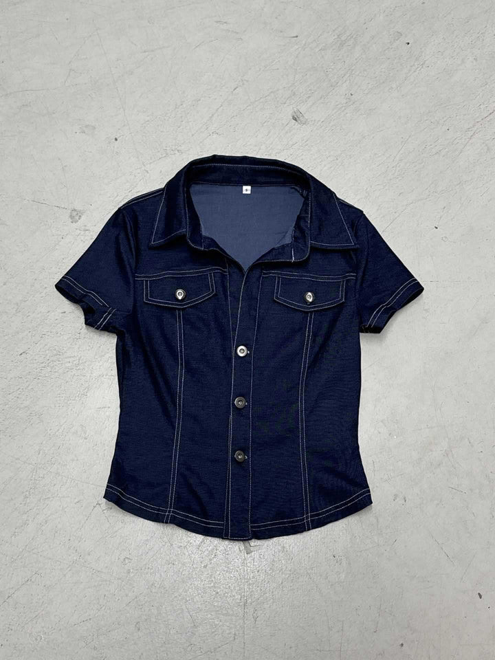Damen Stylisches Jeanshemd mit taillierter Passform und kurzen Ärmeln Drune