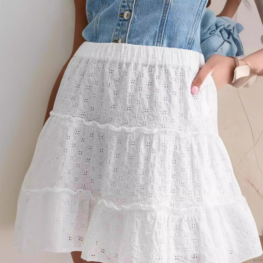 Damen Denim-Crop-Top mit romantischem Rüschenshirt Drune