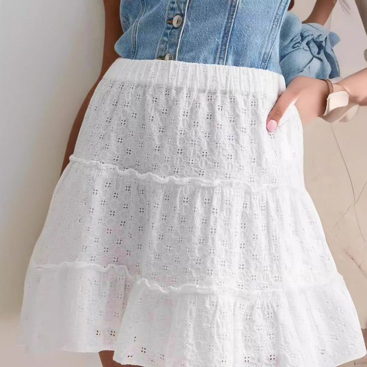 Damen Denim-Crop-Top mit romantischem Rüschenshirt Drune