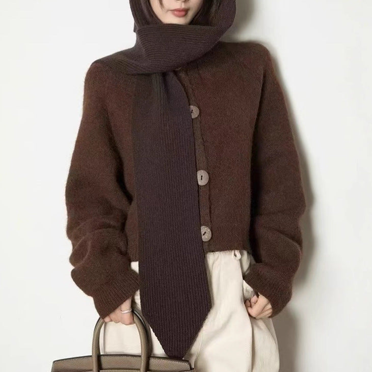 Damen gemütliche Strickjacke mit großen Knöpfen und hohen Kragen Drune