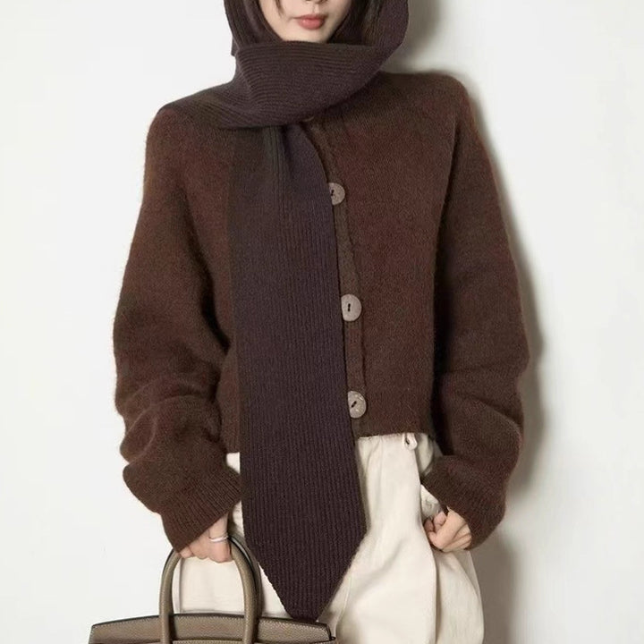 Damen gemütliche Strickjacke mit großen Knöpfen und hohen Kragen Drune