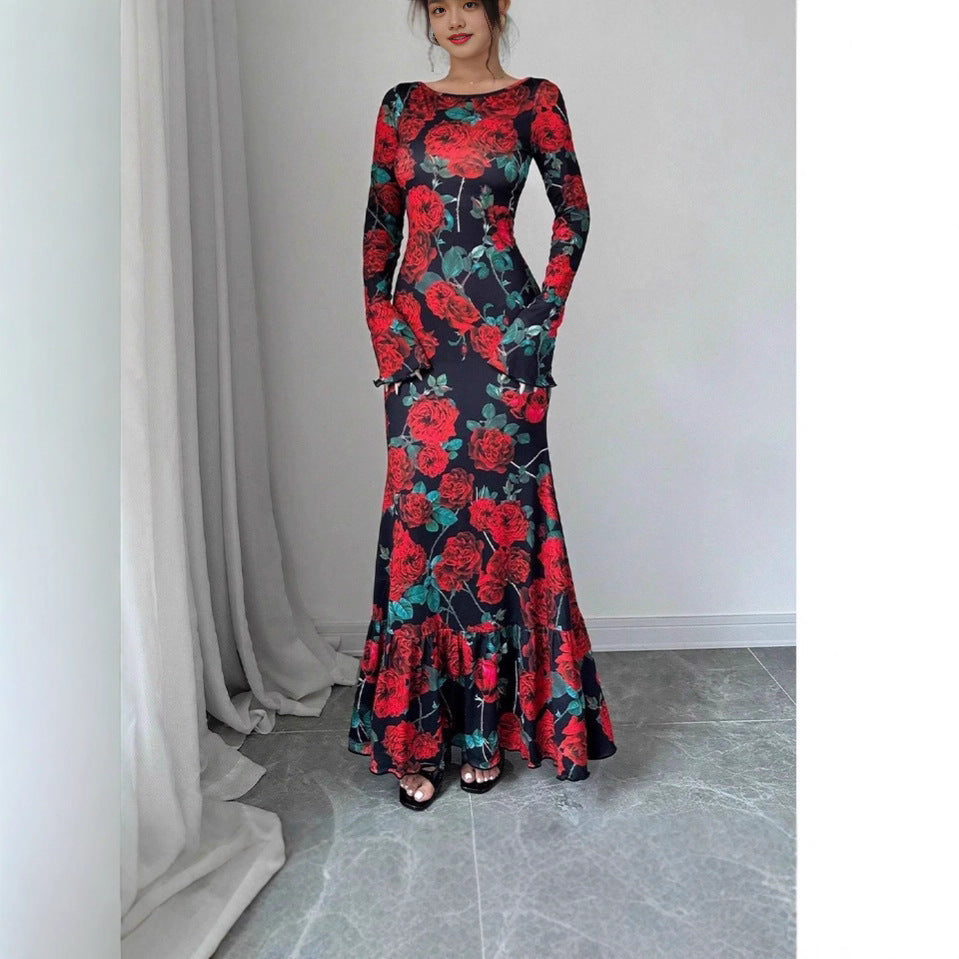 Damen Elegantes Maxikleid mit floralen Rüschendetails und langem Arm Drune