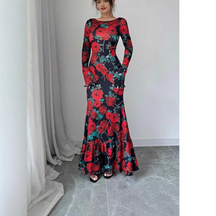 Damen Elegantes Maxikleid mit floralen Rüschendetails und langem Arm Drune
