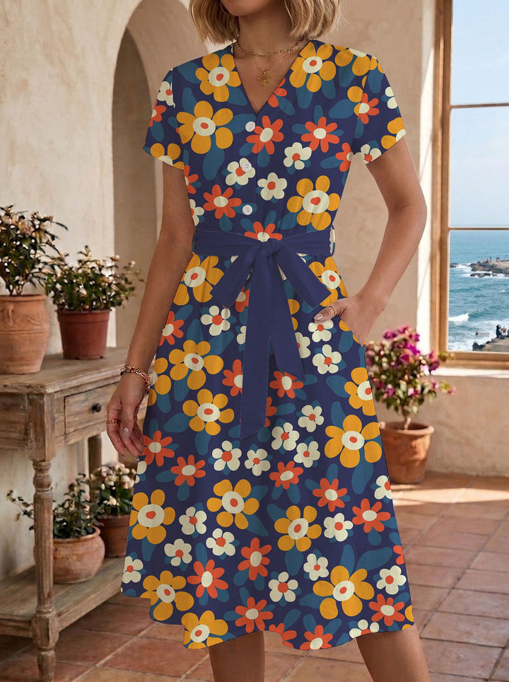 Damen lässiges Maxikleid mit taillierbarem Knoten und dekorativem Karomuster Drune