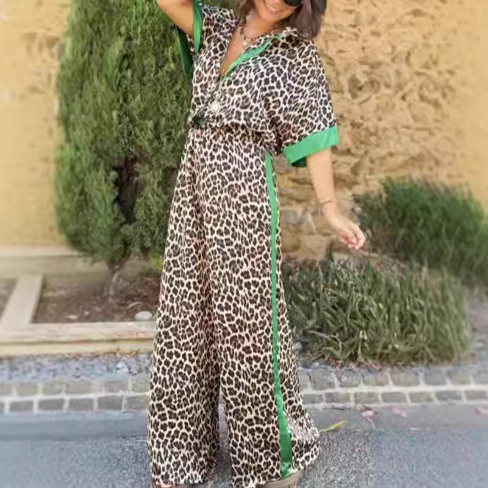 Damen eleganter Leoprint-Jumpsuit mit weiten Beinen und lockerer Passform Drune