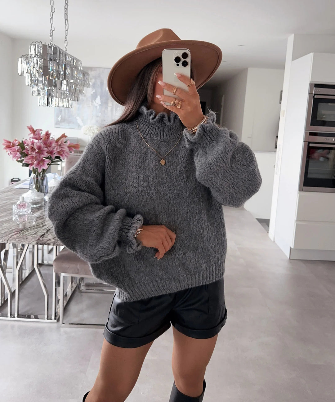 Damen kuscheliger Rollkragenpullover mit voluminösen Ärmeln Drune