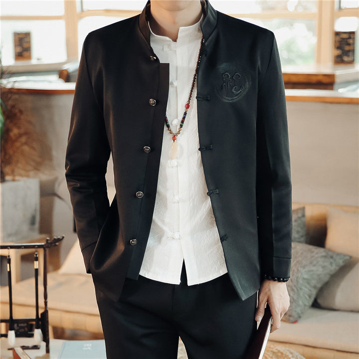 Herren nan asiatisch inspirierte Mandarinjacke mit Stehkragen, Knotenknopfleiste und tonalem Stick-Emblem Drune
