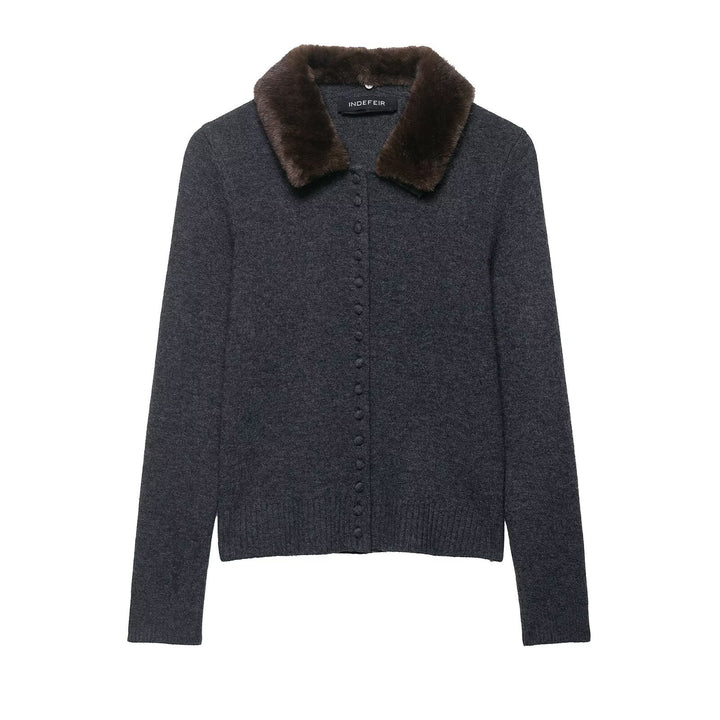 Damen elegante Strickjacke mit abnehmbarem Kunstfellkragen Drune
