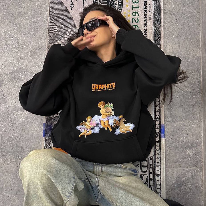 Damen Oversized Kapuzenpullover mit kreativem Druck und lässigem Schnitt Drune