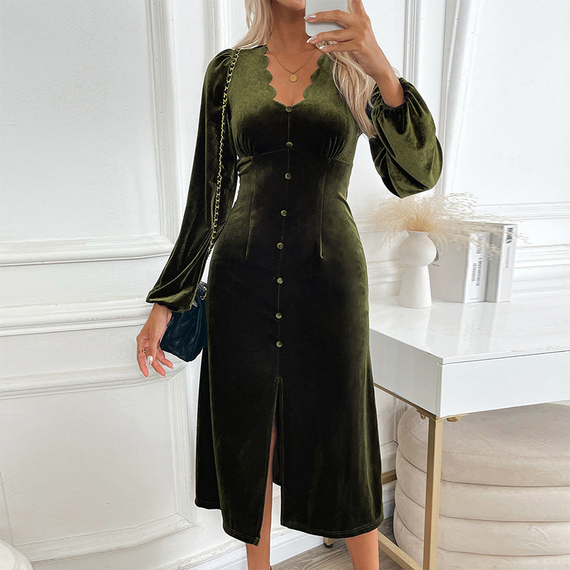 Damen elegantes Maxikleid mit Knopfleiste, V-Ausschnitt und seitlichem Schlitz Drune
