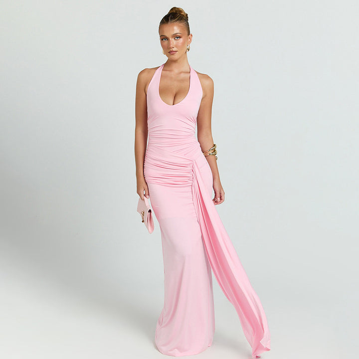 Damen Maxikleid mit tiefem Ausschnitt und Raffungen Drune