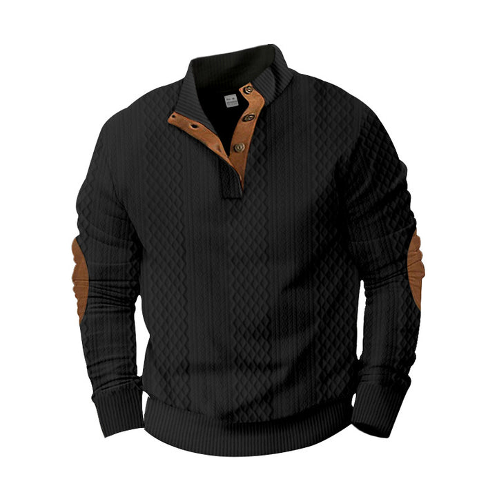 Herren nan strukturierter Henley-Pullover mit Stehkragen, Knopfleiste und Lederoptik-Ellbogenbesatz Drune