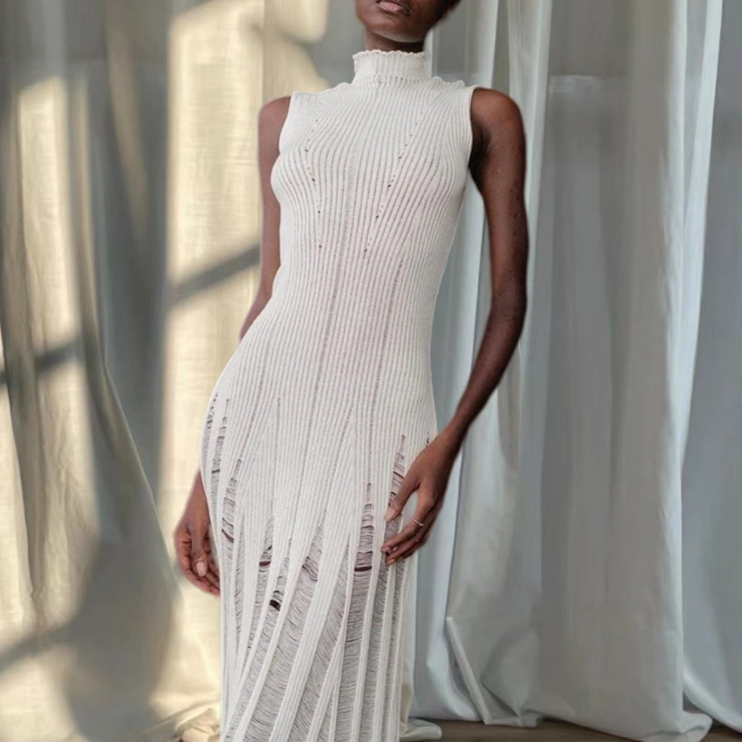 Damen Elegantes Maxikleid mit hochgeschlossenem Hals und raffiniertem Rippdesign Drune