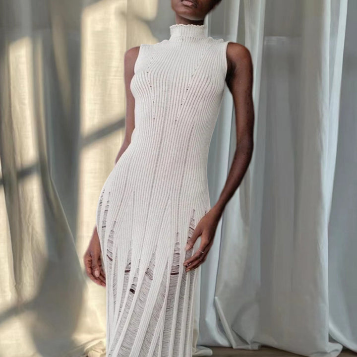 Damen Elegantes Maxikleid mit hochgeschlossenem Hals und raffiniertem Rippdesign Drune