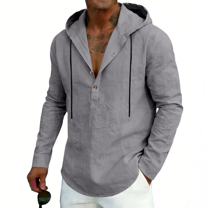 Herren nan Leinen-Henley-Kapuzenhemd mit kurzer Knopfleiste, Kapuze und relaxtem Schnitt Drune