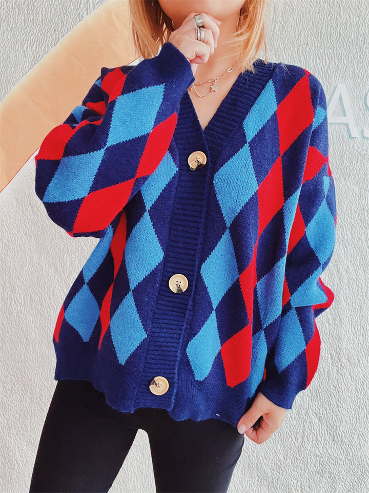 Damen Gemusterte Strickjacke im modernen Rautendesign mit großen Knöpfen Drune