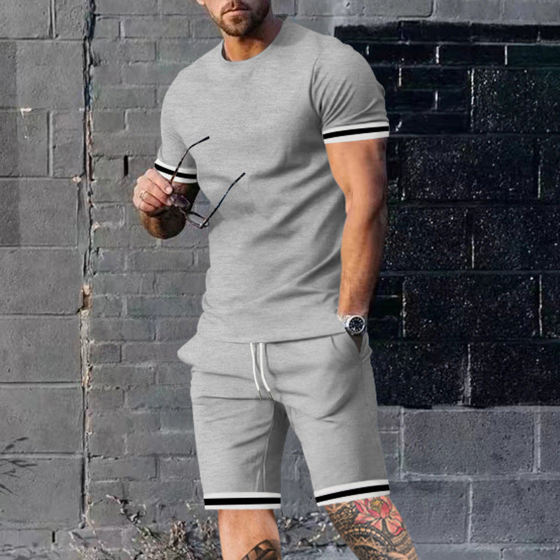 Herren nan athletisches Freizeit-Set aus Baumwoll-Feinjersey mit Kontrastbündchen und Kordelbund-Kurzhose Drune