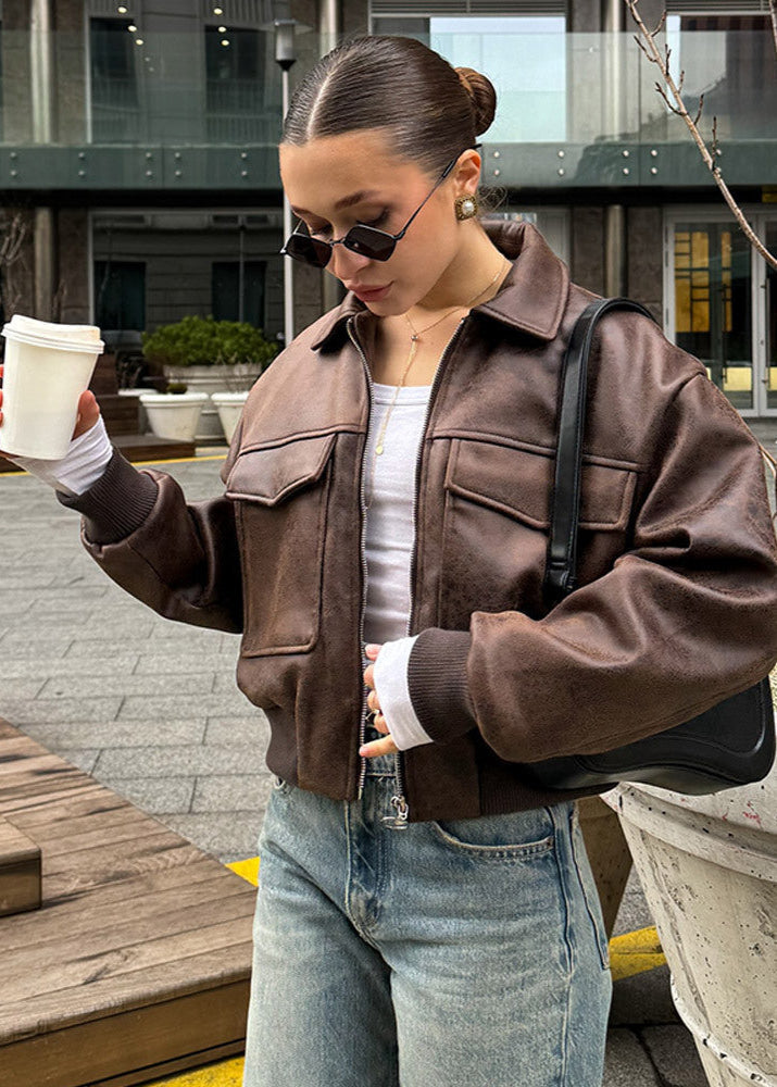 Drune | Distressed Fauxleder Zip-Jacke