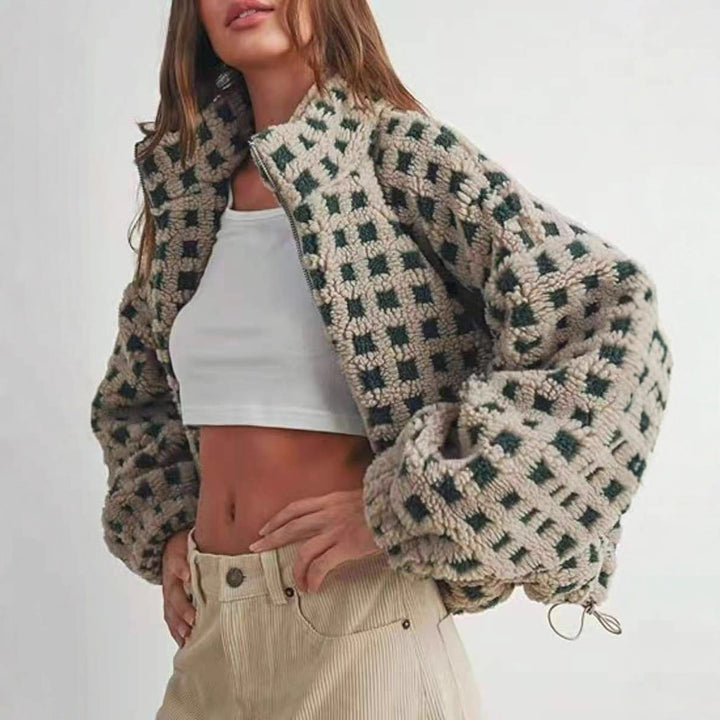 Damen kuschelige Fleecejacke im modernen Karodesign Drune