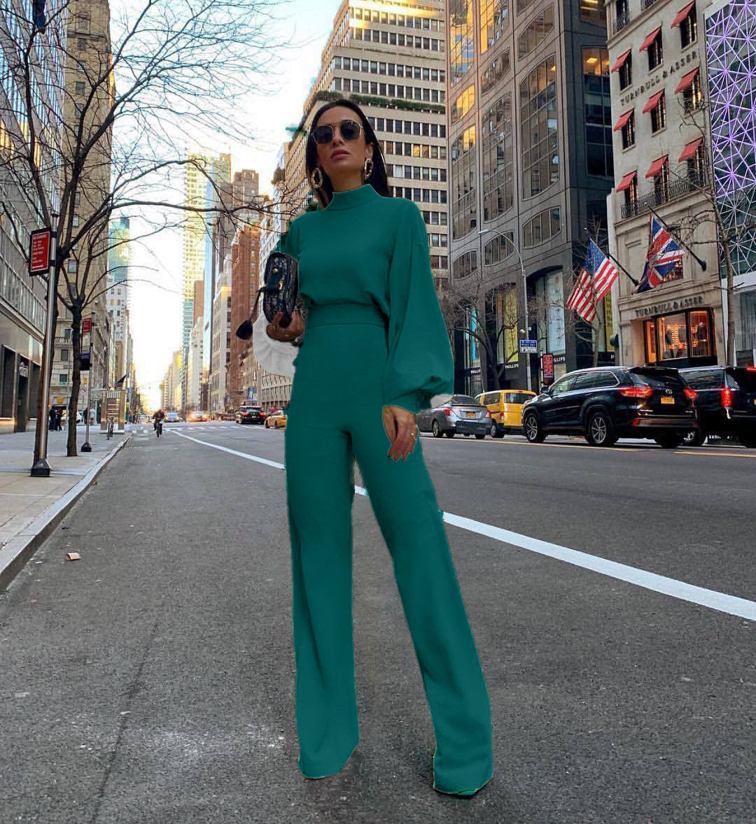 Damen Eleganter Jumpsuit mit weiten Ärmeln und hohem Kragen Drune