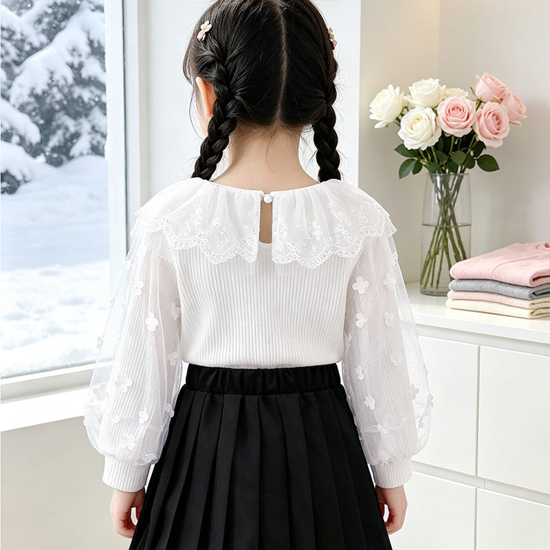Mädchen Bluse mit floralen Spitzenärmeln und Rüschenbesatz Drune