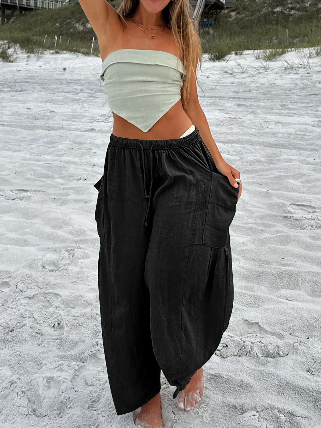 Damen lässige Weite Sommer-Hose mit elastischem Bund und praktischen Taschen Drune