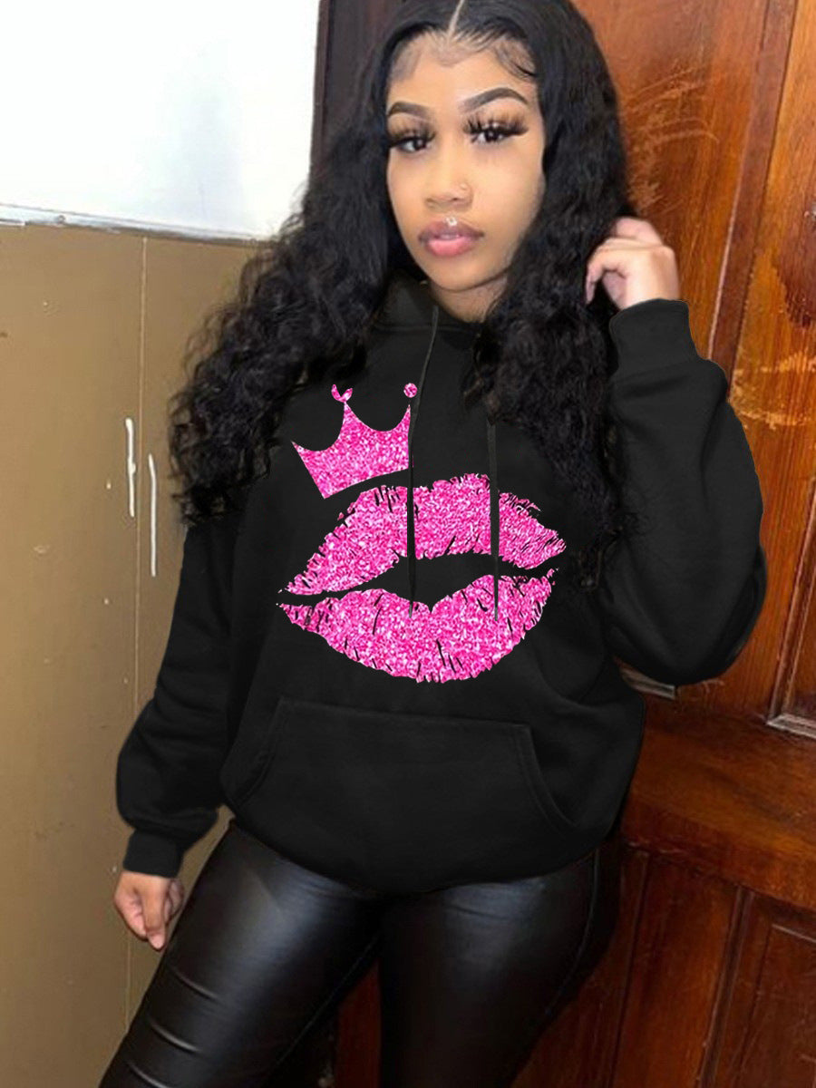Damen Kapuzensweatshirt mit auffälligem Lippenmotiv und Krone Drune