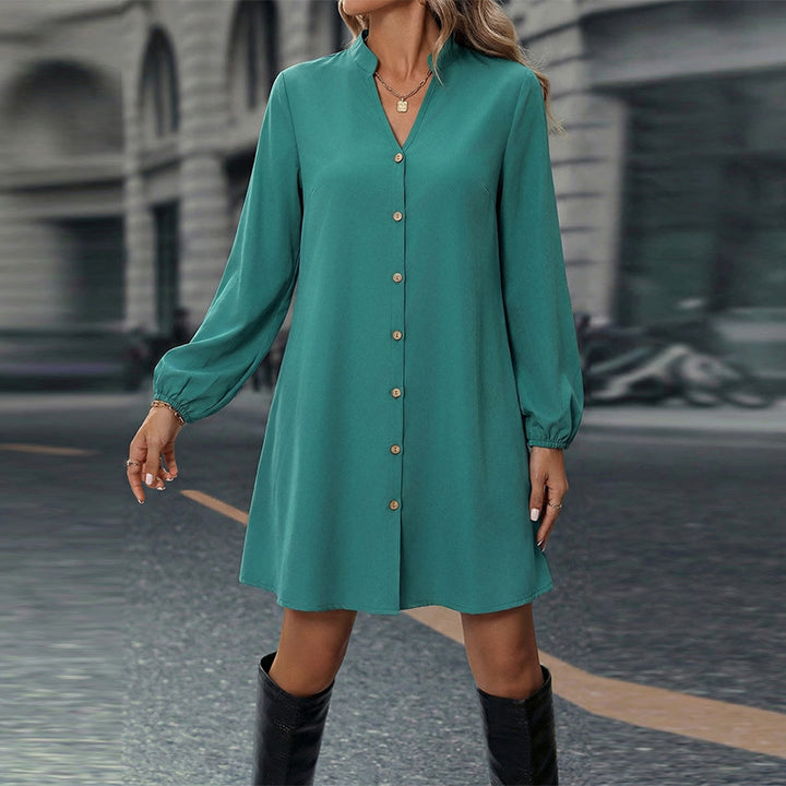 Damen lässiges Hemdkleid mit Knopfverschluss und langen Ärmeln Drune