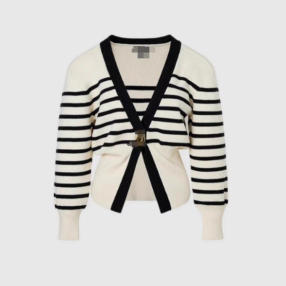 Damen elegante Strickjacke mit tiefem V-Ausschnitt und Knopfdetail Drune
