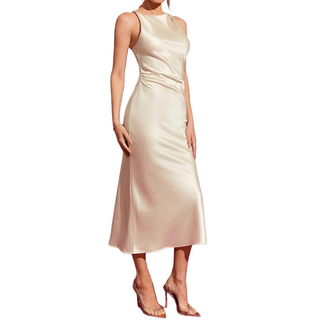 Damen elegantes Satin-Cocktailkleid mit asymmetrischem Schnitt und figurbetontem Design Drune