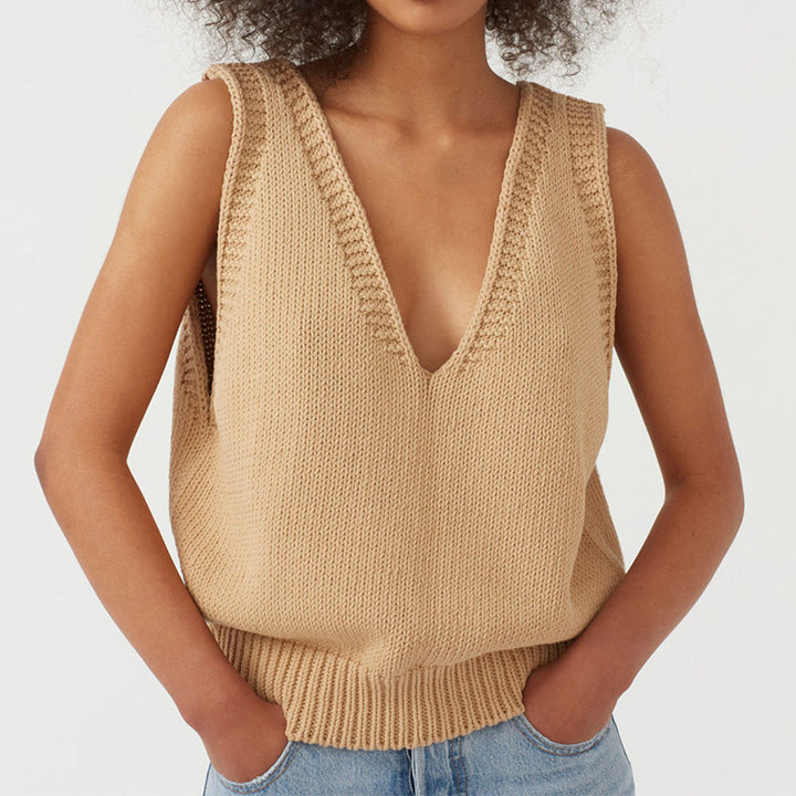 Damen stylischer Stricktop mit tiefem V-Ausschnitt und breiten Trägern Drune
