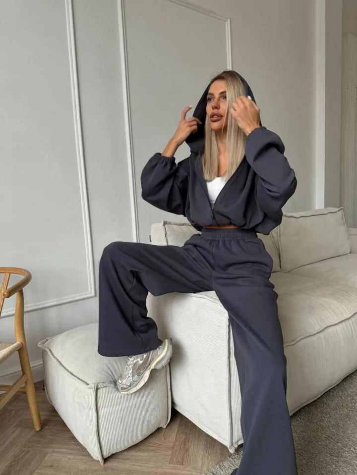 Damen Elegantes Sportliches Set mit Kapuze und weiter Hose Drune