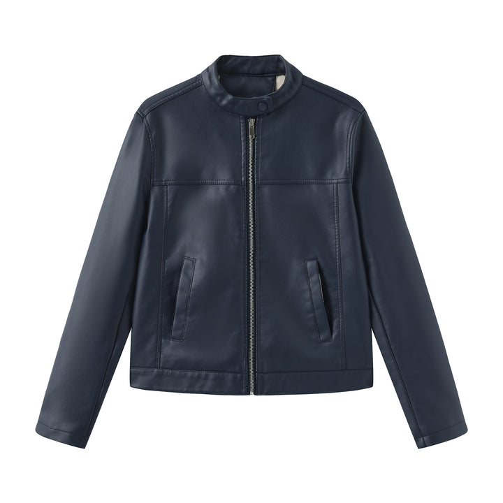 Herren nan minimalistische Kunstlederjacke mit Stehkragen, Metallreißverschluss und eingearbeiteten Seitentaschen Drune