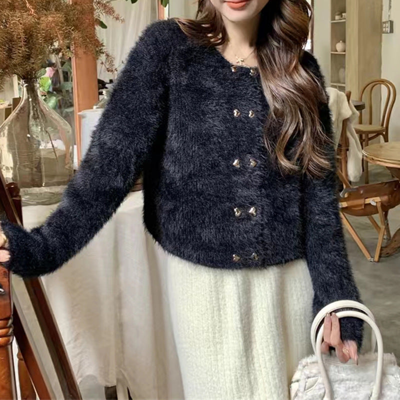 Damen kuschelige Strickjacke mit dekorativen Knöpfen Drune