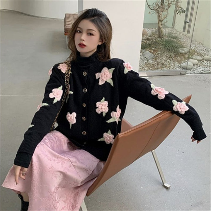 Damen Strickjacke mit floralem Motiv Drune