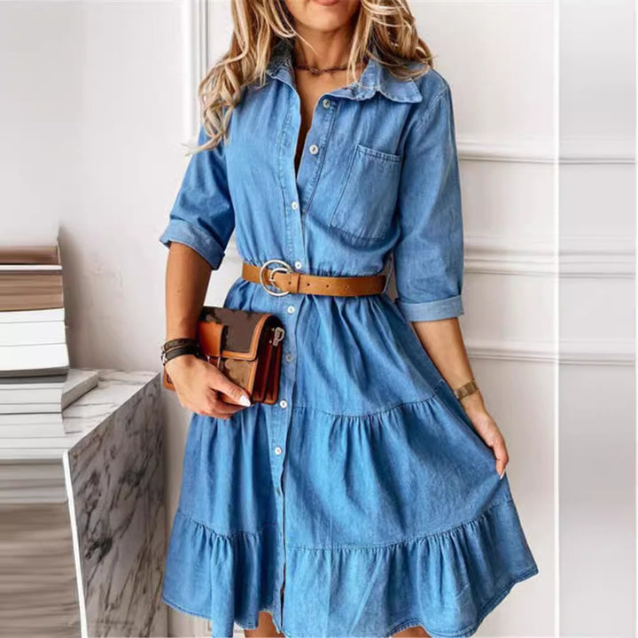 Damen nan Stufen-Hemdblusenkleid mit Taillenbetonung, durchgehender Knopfleiste und Brusttasche Drune