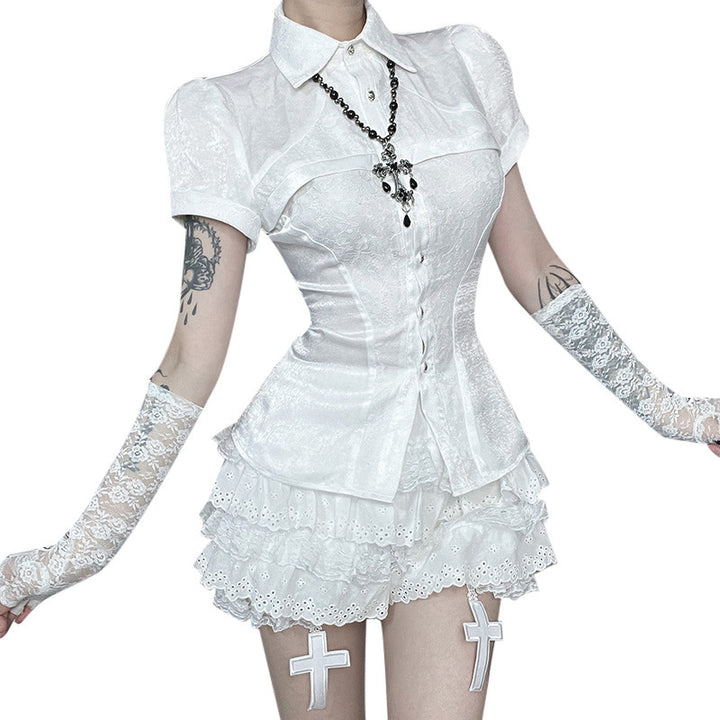 Damen Gothic Spitzenhemd mit eleganten Puffärmeln und Rüschendetails Drune